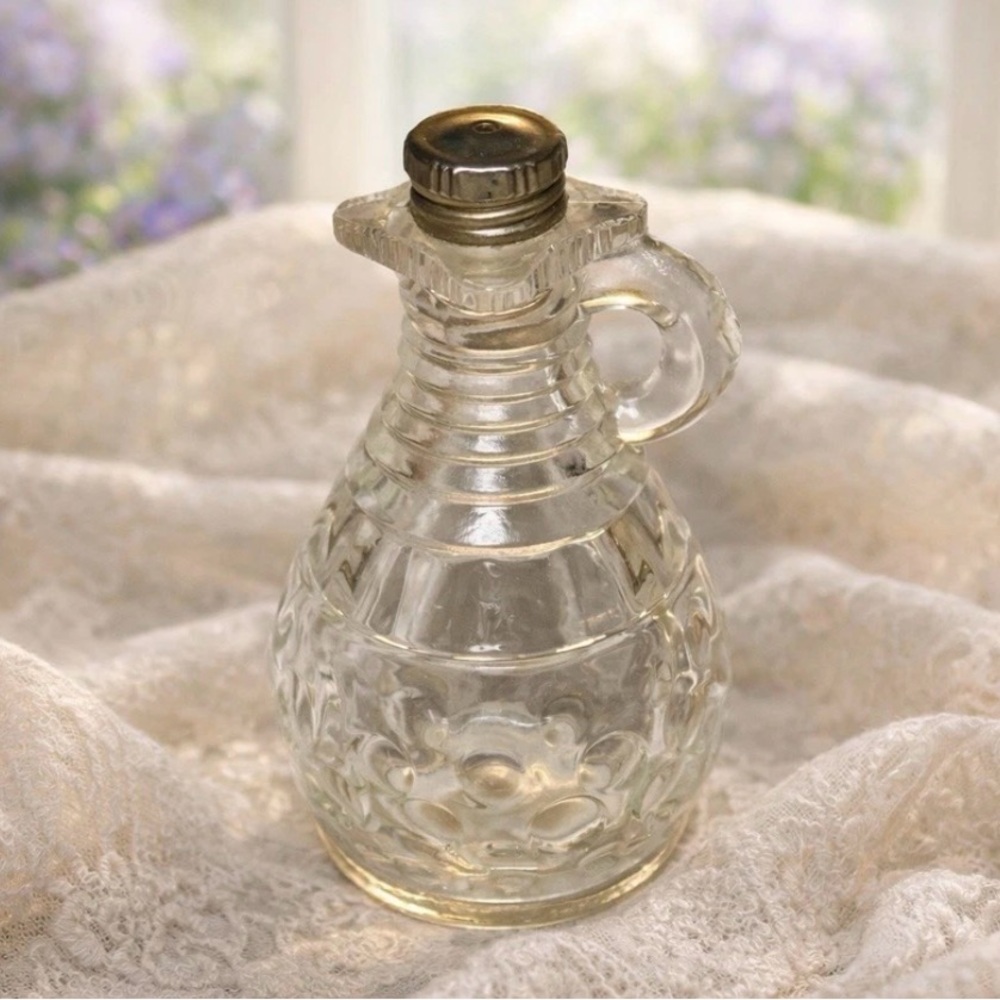 Antique Glass Syrup or Oil Cruet w Handle & Metal Lid Pressed Glass Collectible